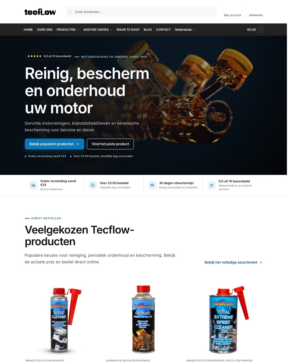 De homepage van de Tecflow-webshop met productbeeld en zoekfunctie.
